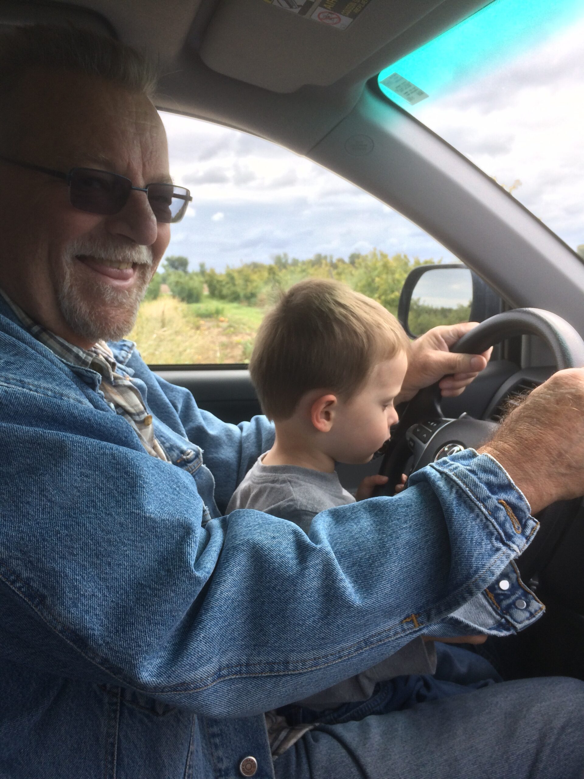 Smiling man with glasses driving a car, a young boy beside him, with a rural landscape outside the window.