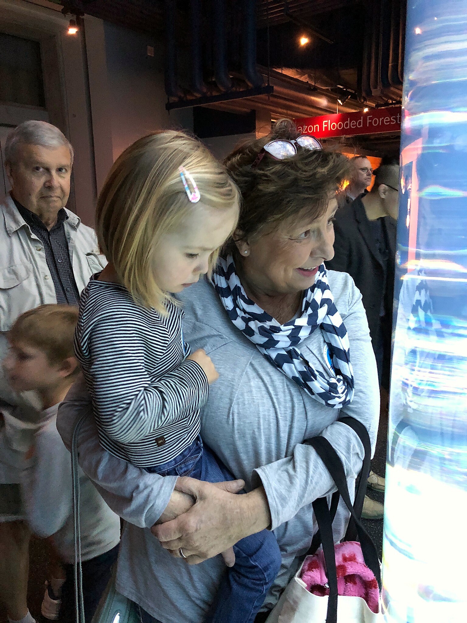 Woman in a gray top holds a young girl in striped shirt, both looking toward a display in a crowded exhibit space, Amazon Flooded Forest sign in the background.