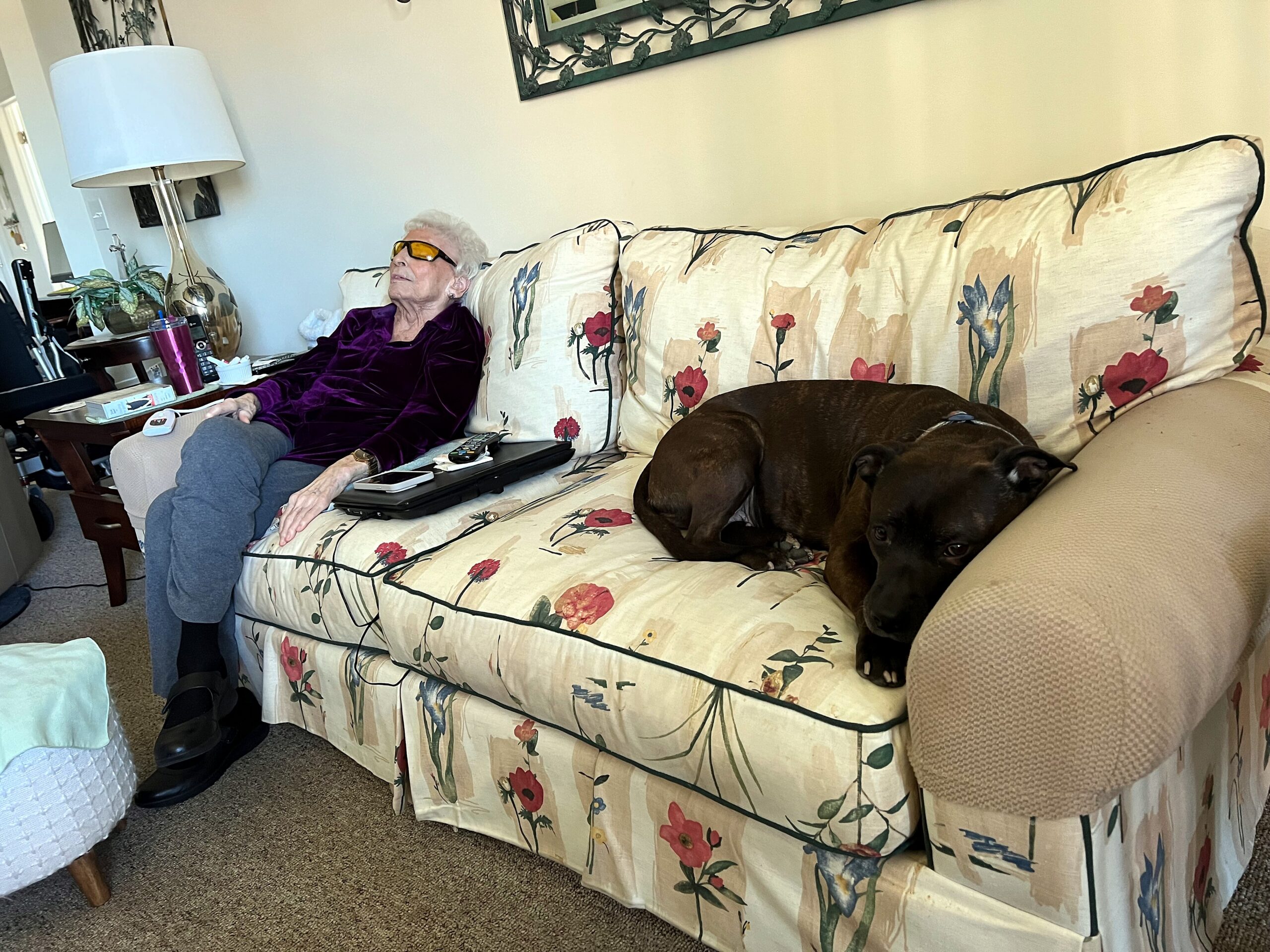 Older woman in a purple top and yellow sunglasses sits on a floral sofa while a brown dog rests beside her on the couch in a cozy living room.