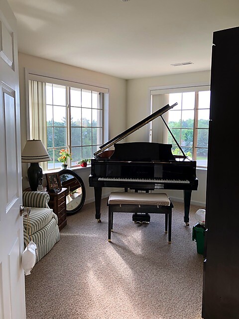 Sunlit living room with a black grand piano and a padded bench near large windows. A striped chair, lamp, and flowers sit to the left.