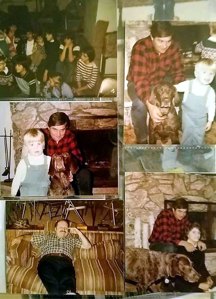 Collage of family portraits: man in red plaid shirt with a brown dog beside children by a fireplace.