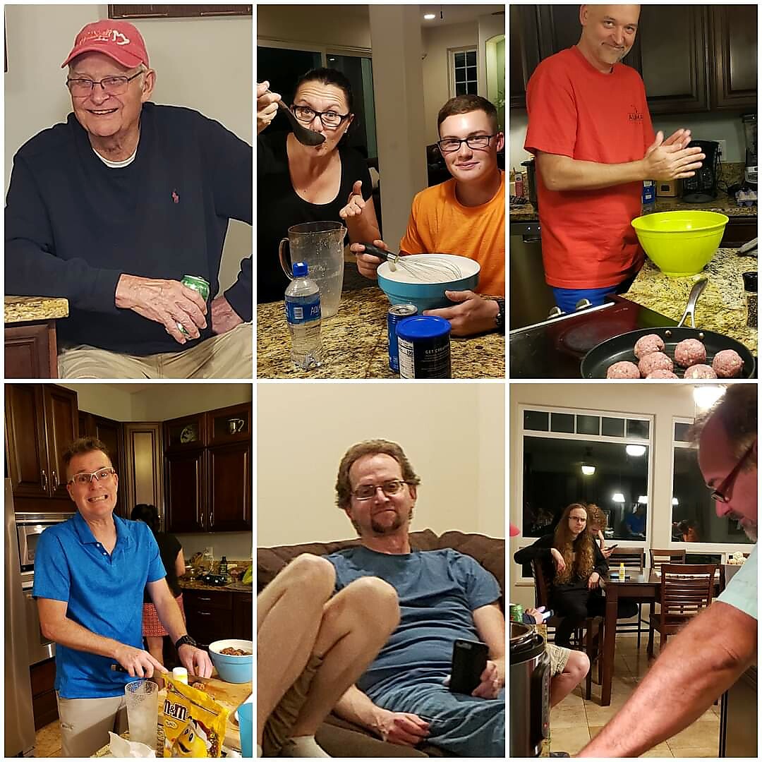 Collage of six people in a home kitchen cooking together and socializing.