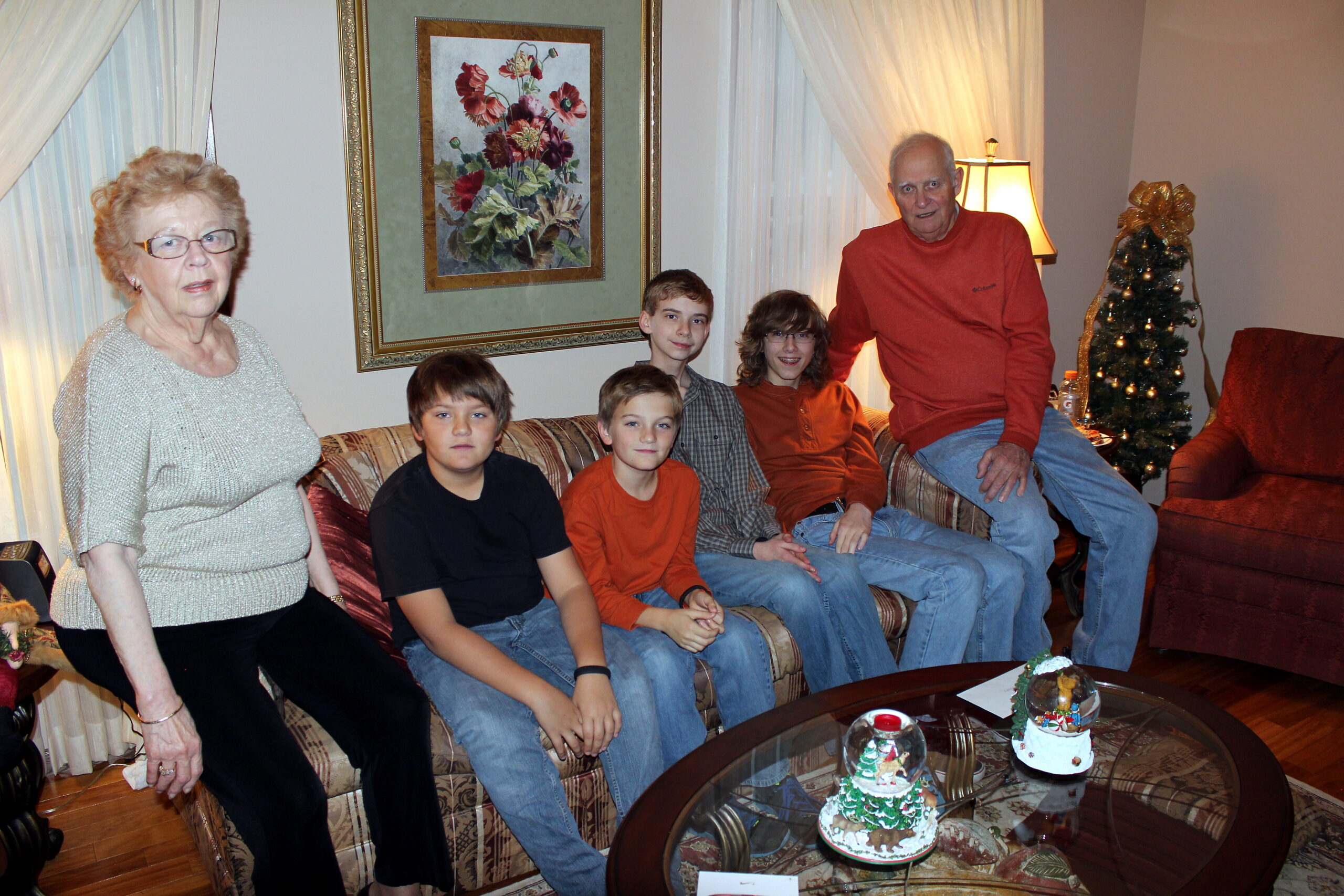 A multi-generational family sits on a patterned sofa in a living room, posing for a holiday photo with a Christmas tree in the background.
