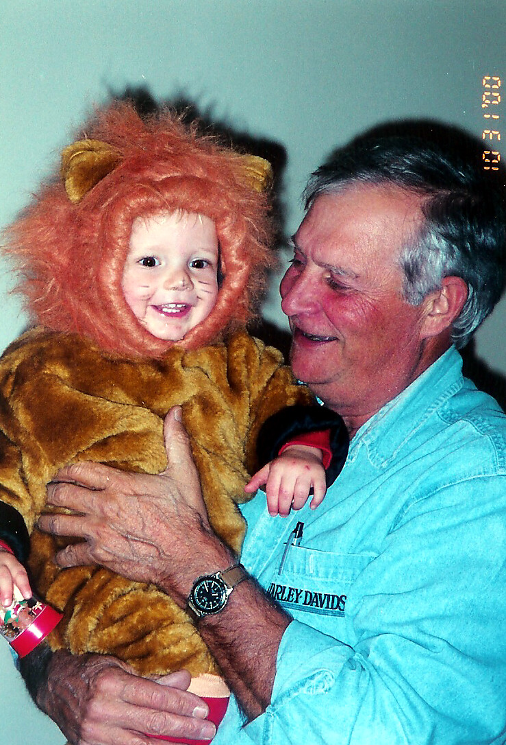 Man in a denim shirt holding a smiling child dressed in a lion costume; affectionate moment indoors.