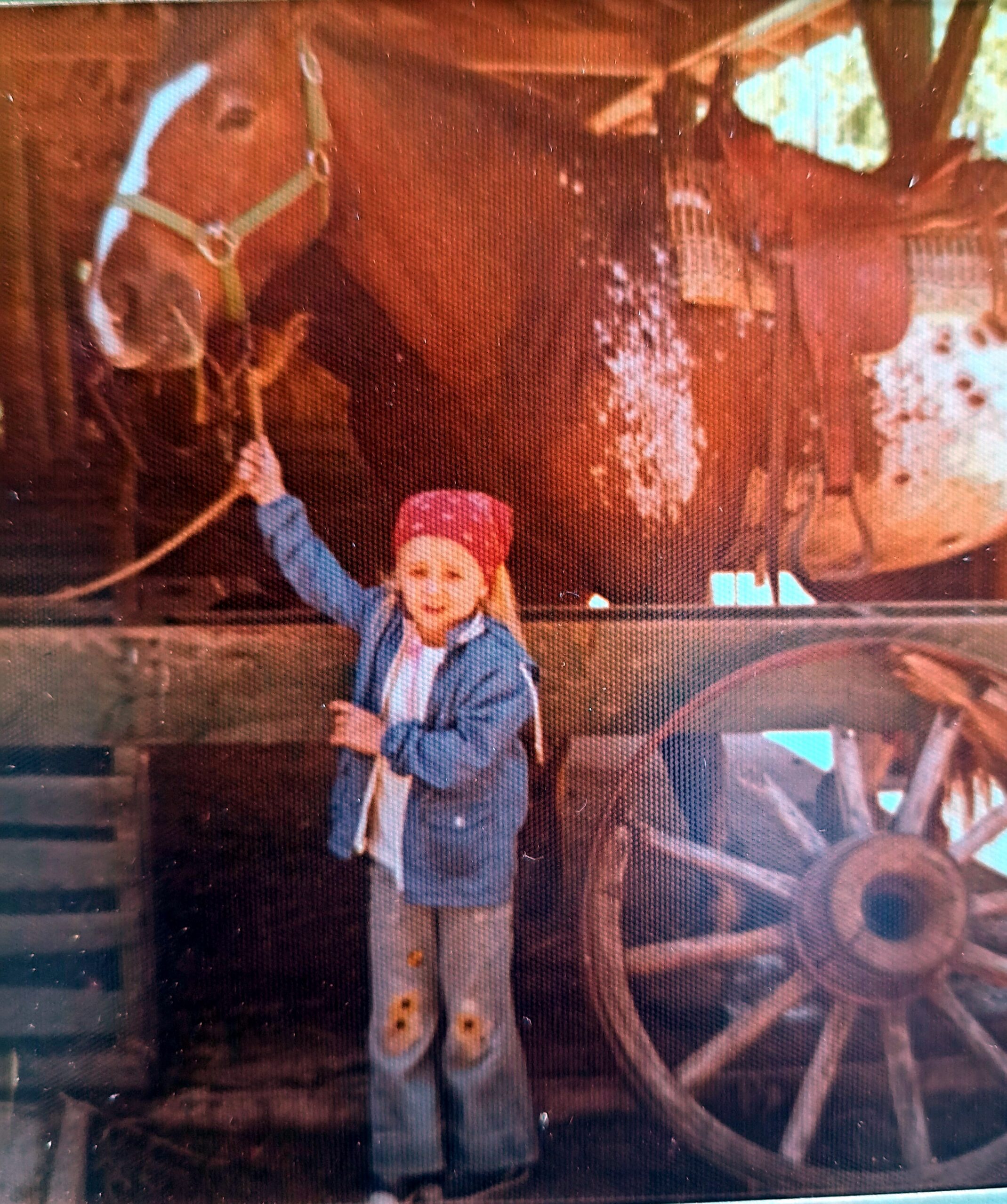 Child wearing a pink hat and denim jacket waves beside a large brown horse inside a stable.