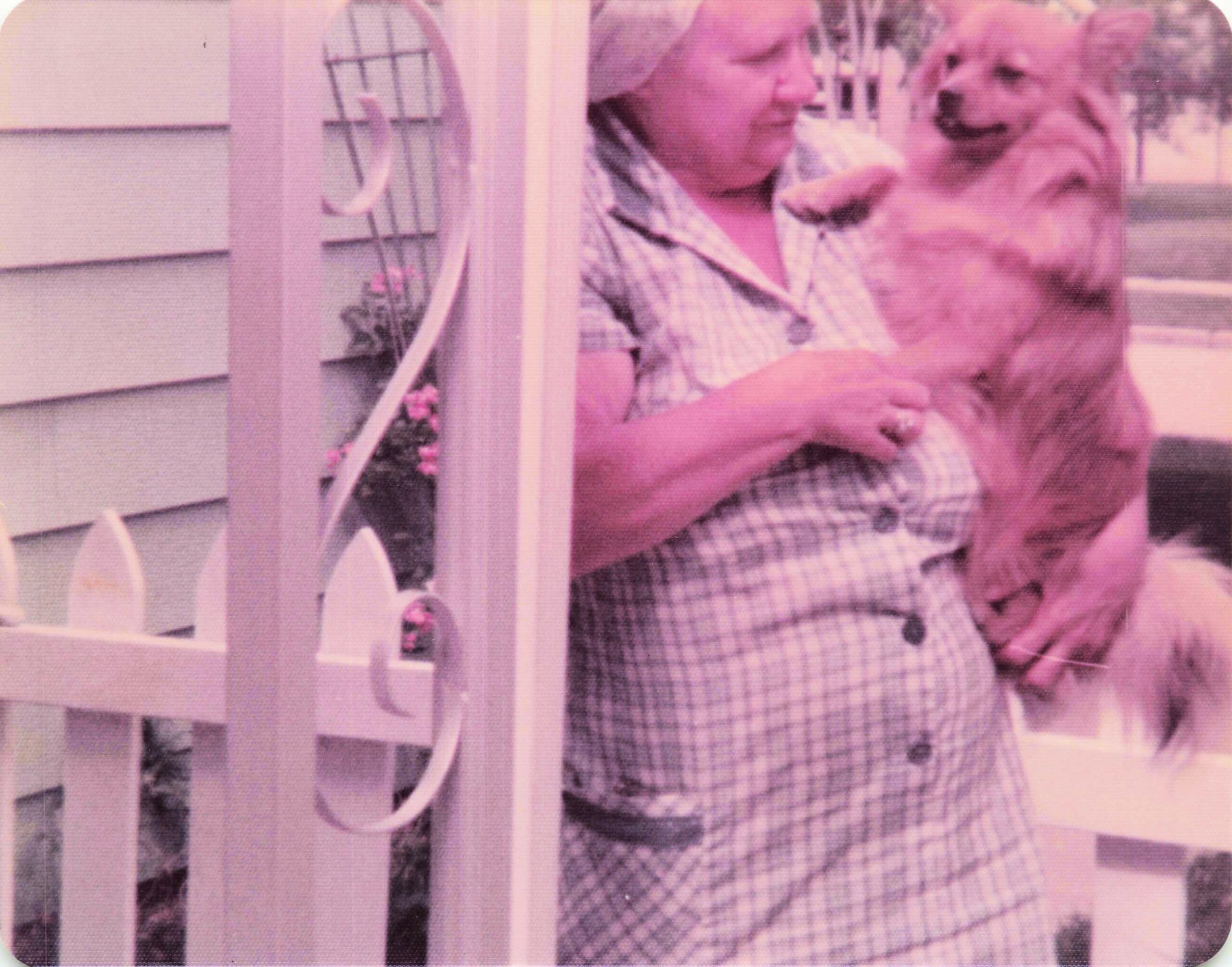 Older man in a plaid shirt holding a small dog at a screen door on a porch.