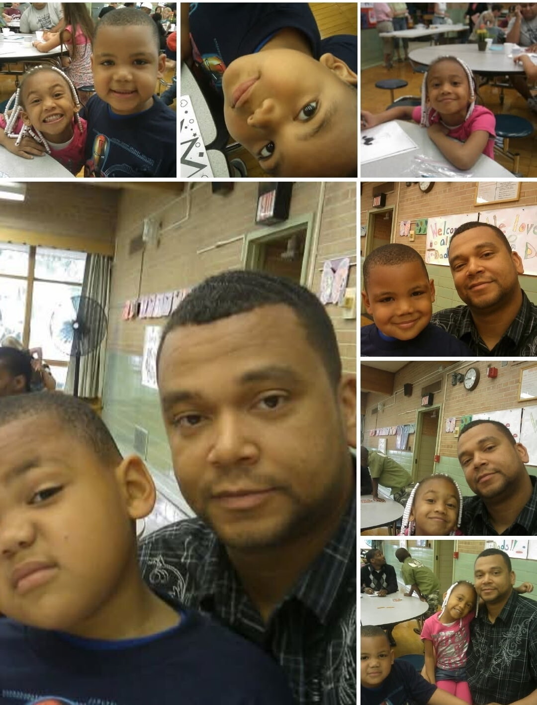 Collage of a man with kids posing for selfies in a school cafeteria or classroom setting in several photos.