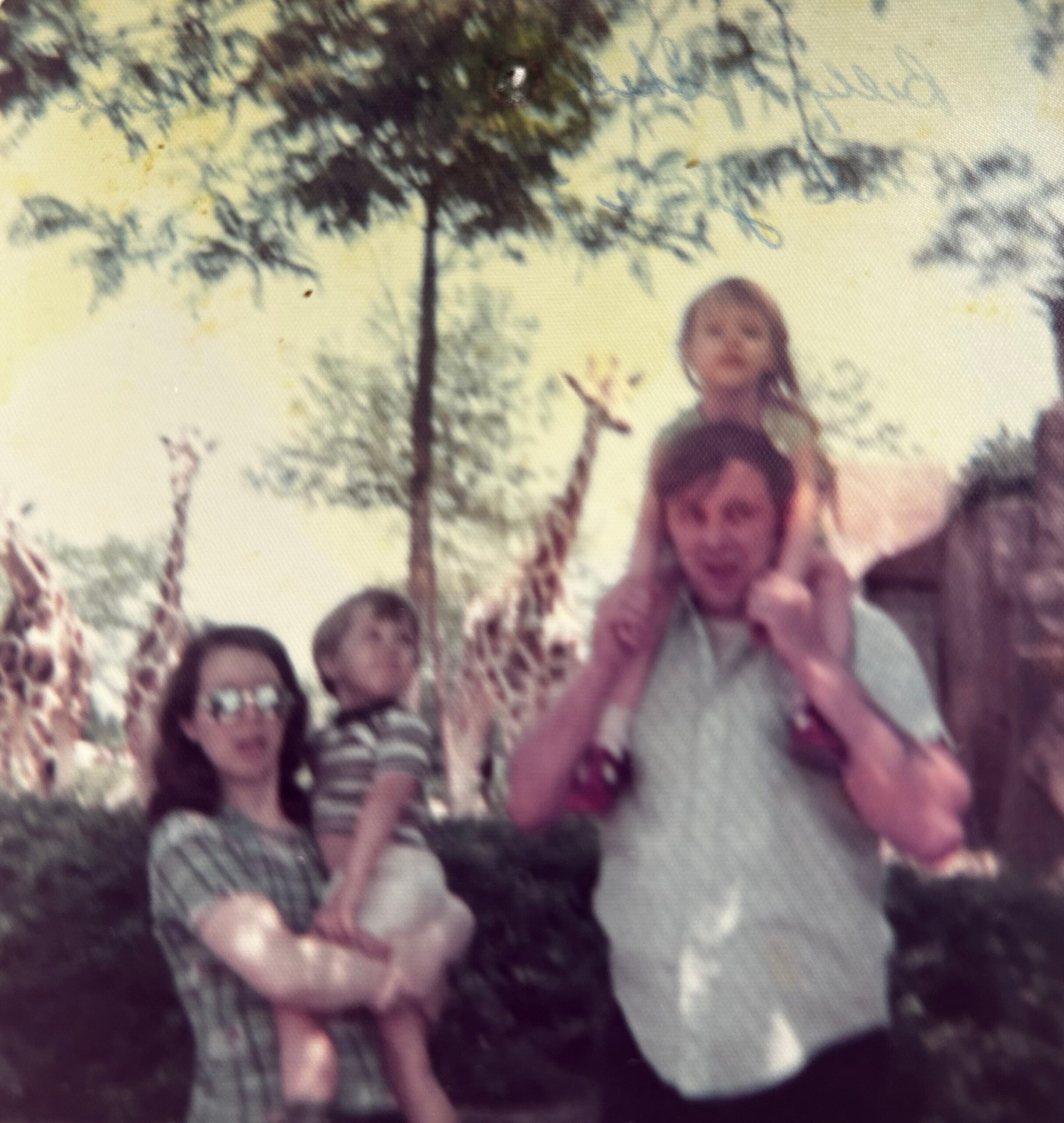 Blurry outdoor group photo of several people with raised hands, trees and daylight in the background.