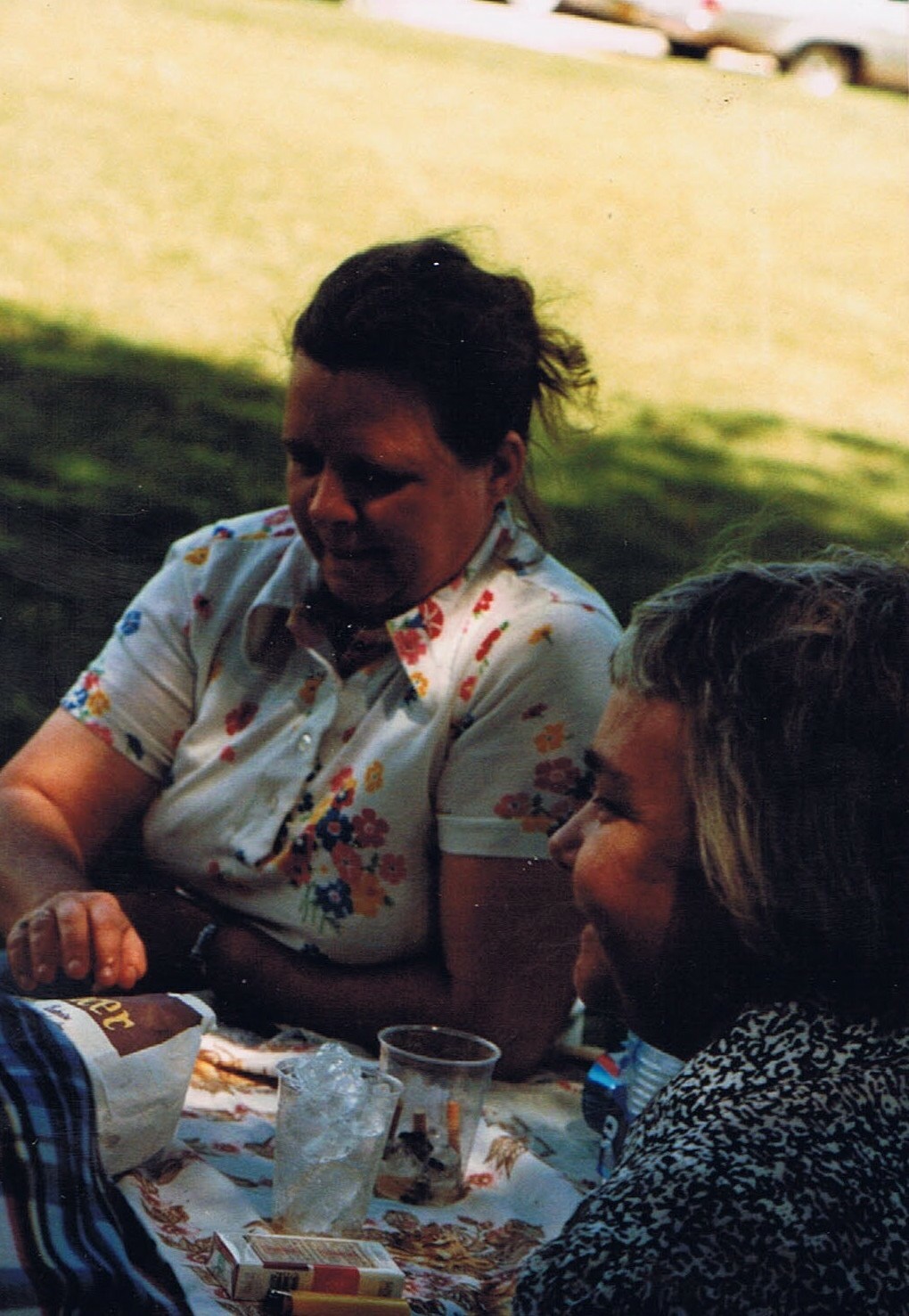 Two people chatting at a picnic table outdoors, with drinks and a cigarette pack on the table and a grassy background behind them.
