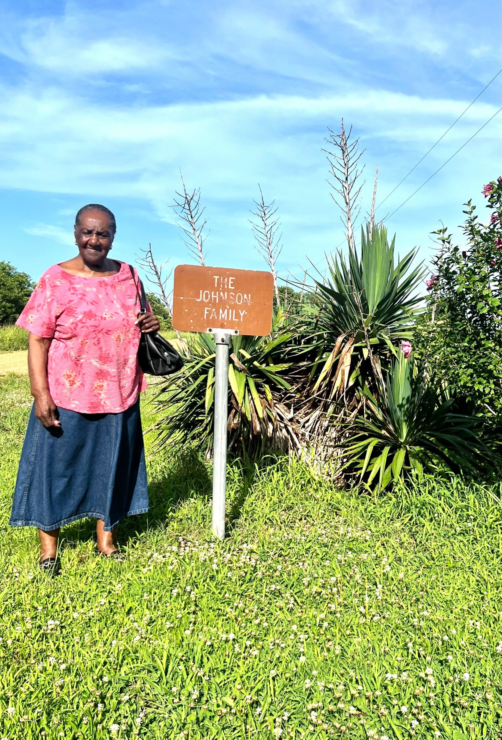 Woman in a pink top and long blue skirt stands beside a brown sign reading 'The Johnson Family' in a sunny garden with green plants nearby.