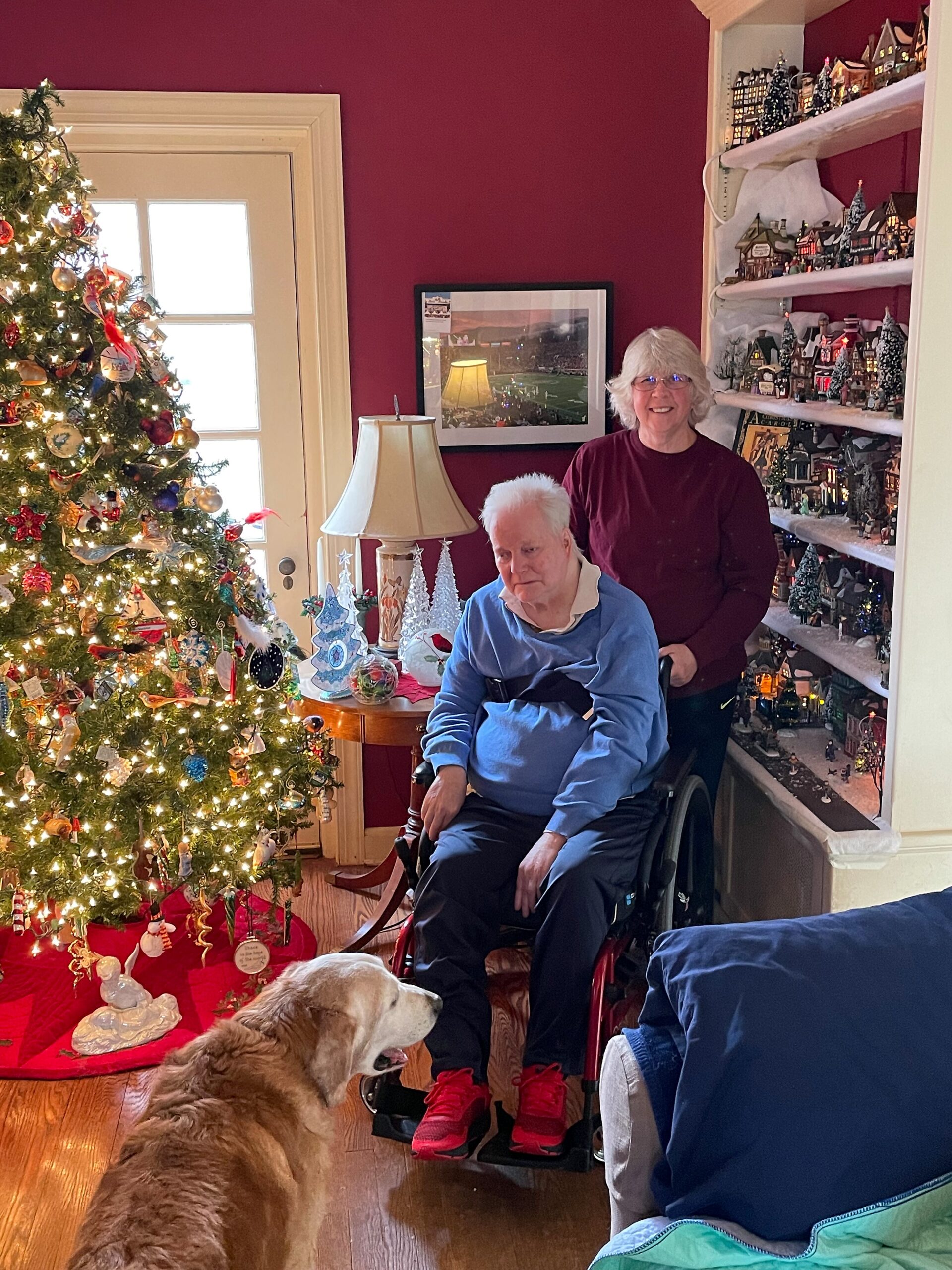 Two people beside a decorated Christmas tree: a man in a wheelchair and a smiling woman behind him in a red top, with a miniature village display on shelves nearby.