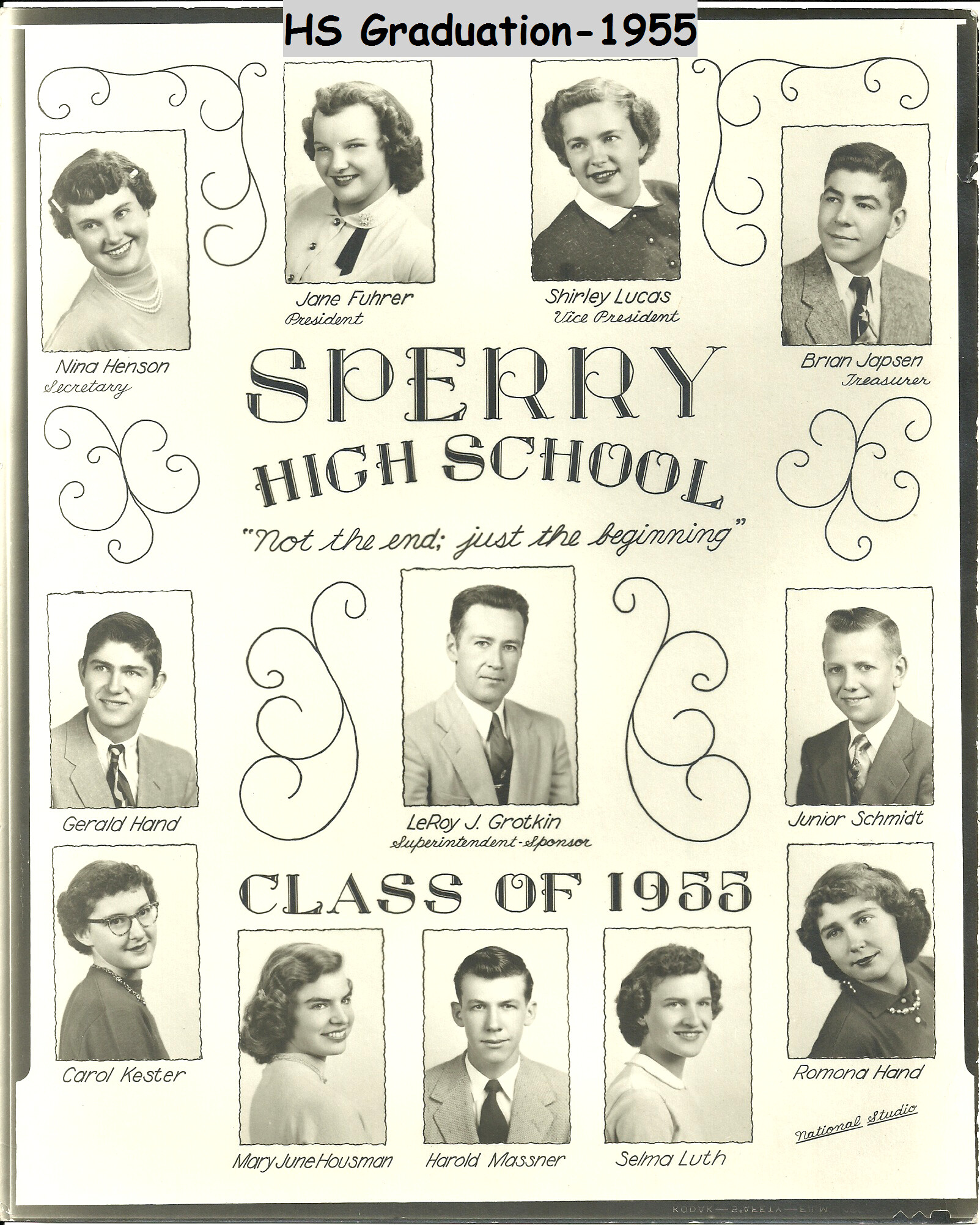 Yearbook page for Sperry High School Class of 1955 showing student headshots with names and titles (President Jane Fuhrer, Vice President Shirley Lucas, Treasurer Brian Jansen) and decorative scrollwork; caption reads 'Not the end; just the beginning.'