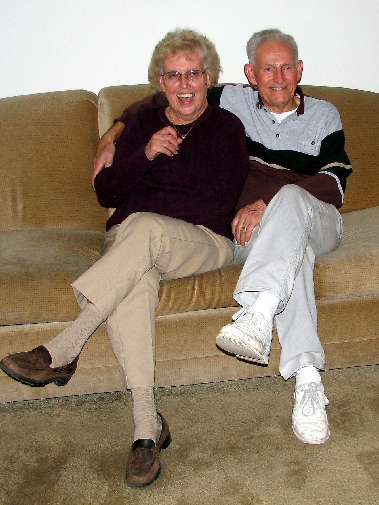 Smiling elderly couple sitting on a tan sofa with their arms around each other.
