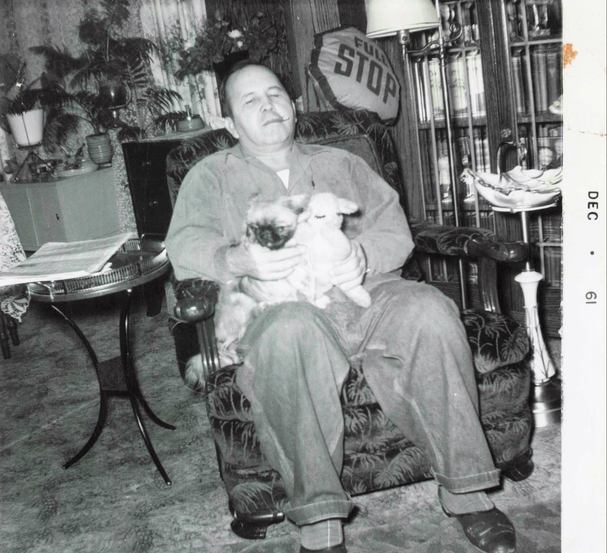 Older man in a robe sits in a patterned chair, cradling a cat on his lap in a cozy living room with plants and bookshelves nearby.