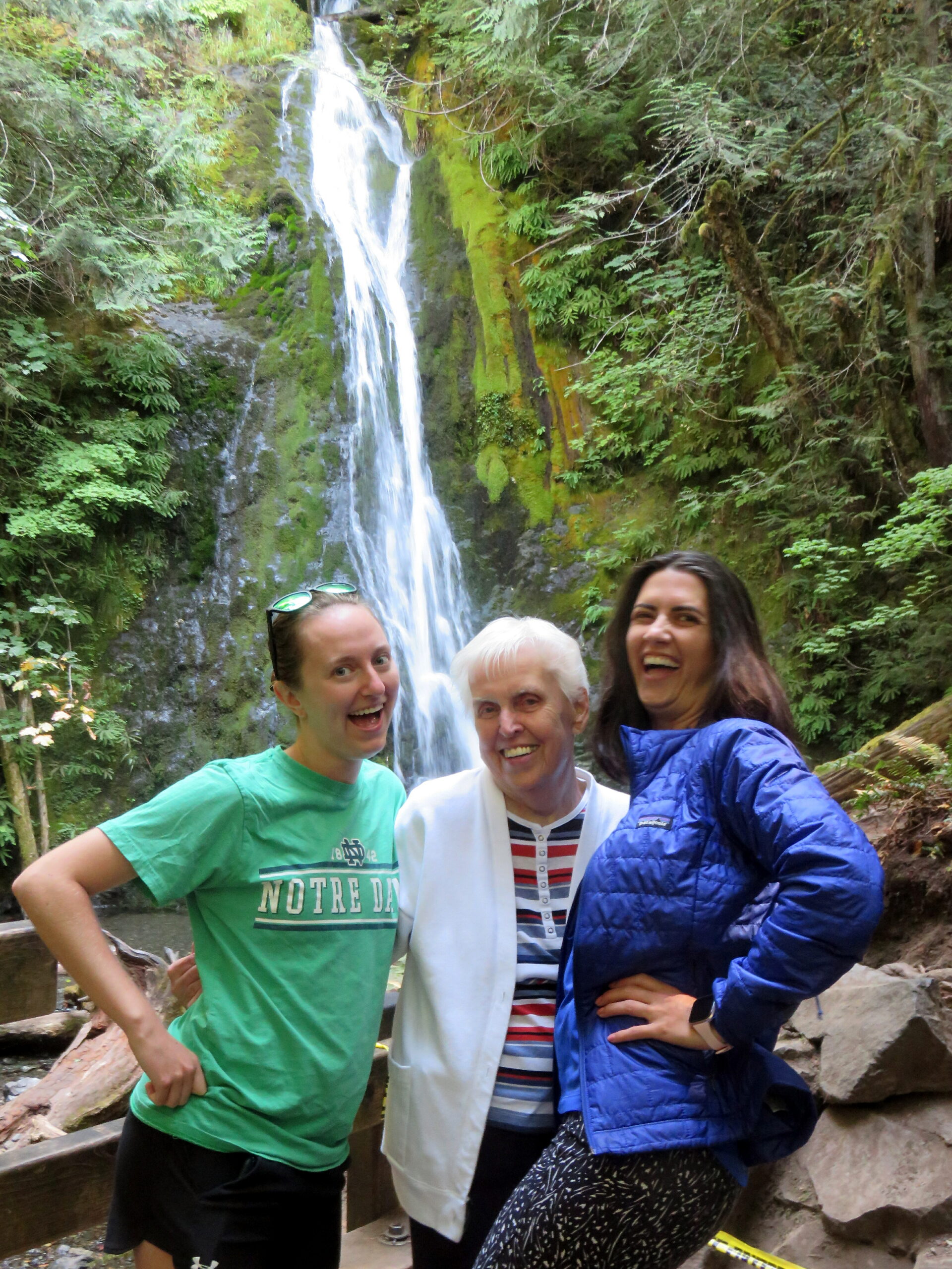 Four people posing together in front of a mossy waterfall in a lush forest, all smiling at the camera.