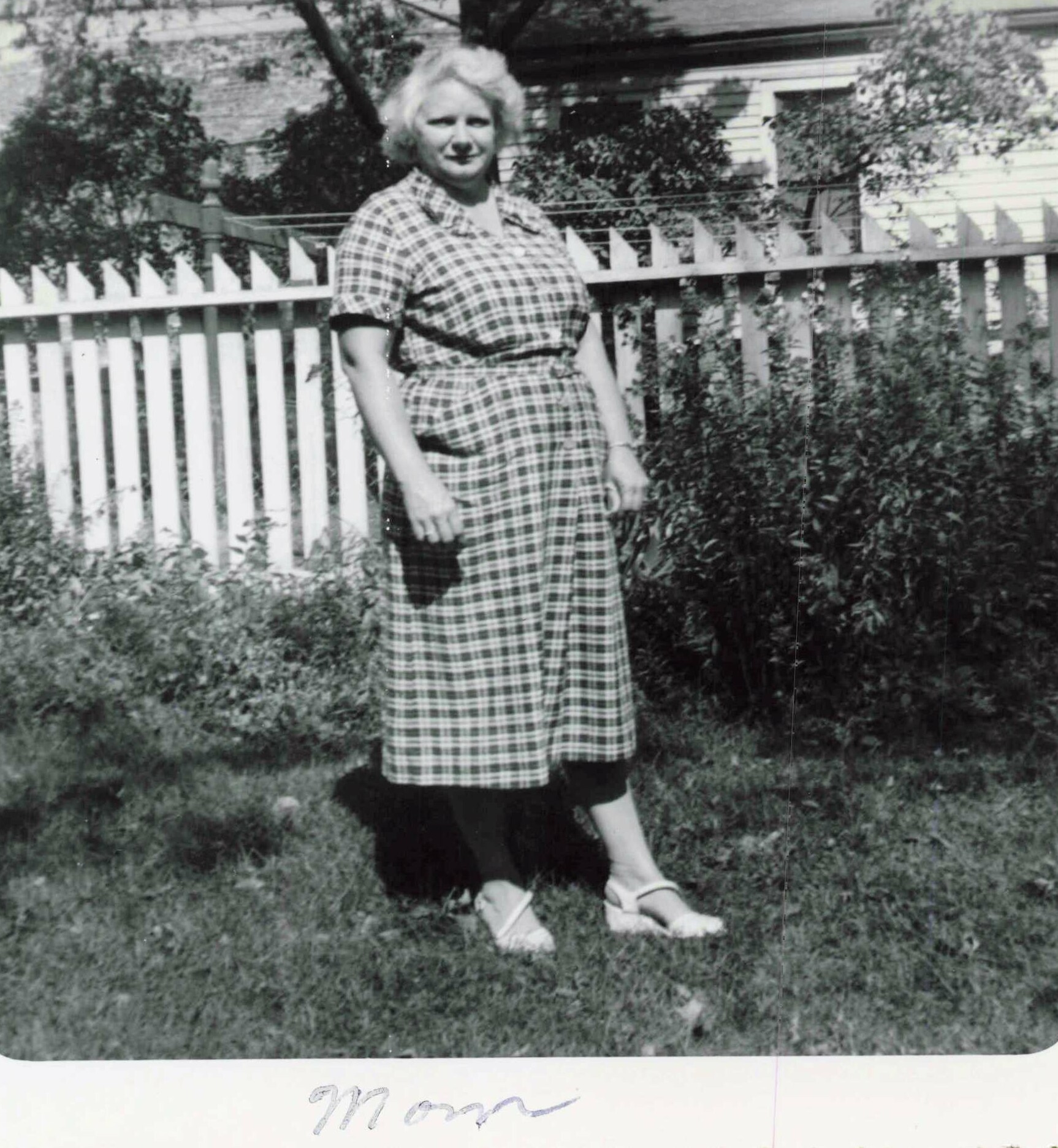Woman in a plaid dress standing in a yard beside a white picket fence, outdoor garden scene (vintage photo).