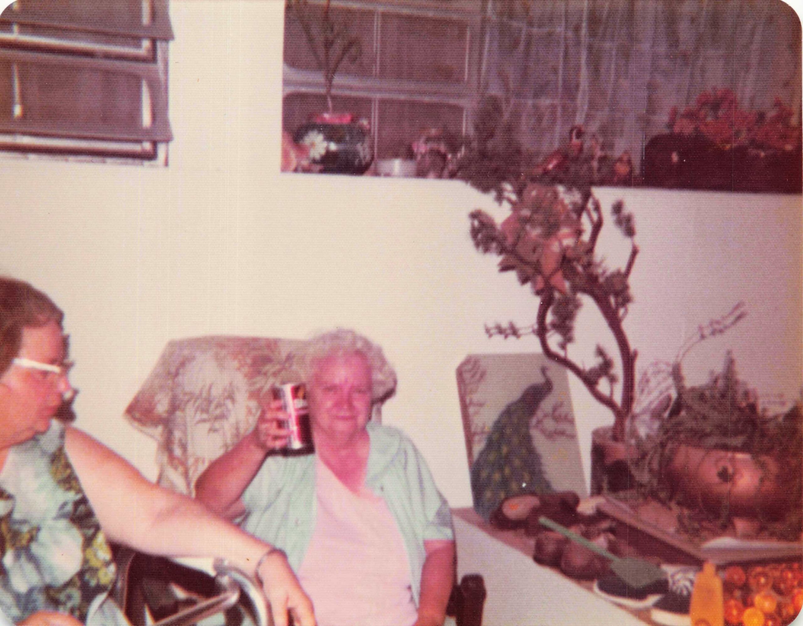 People gathered indoors around a table, smiling and chatting; a woman in floral clothing on the left and a man with a drink in the center, with wall art and plants in the background.