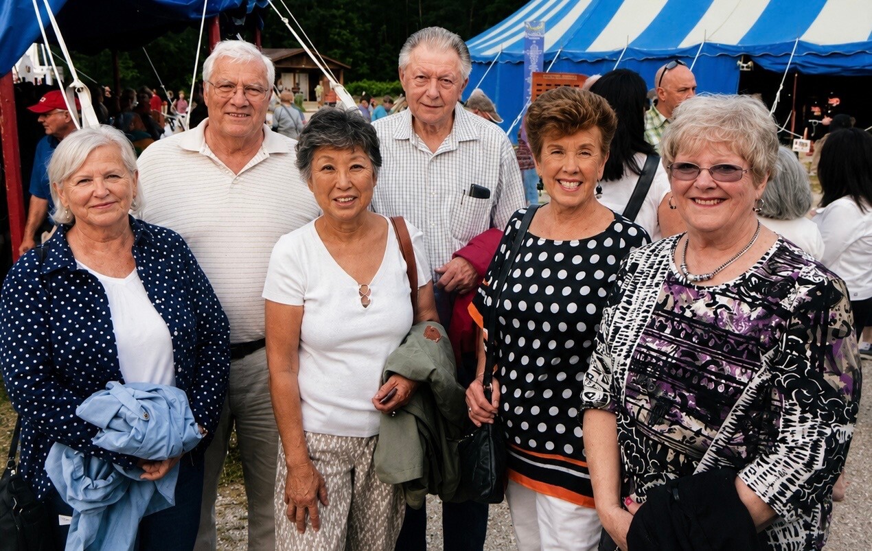 Group of six seniors smiling for a photo at an outdoor festival under a blue-and-white striped tent.