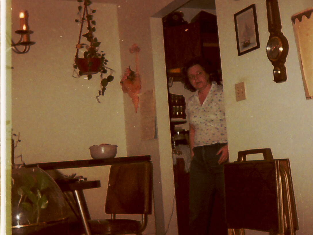 Person stands in a doorway between a dining room and kitchen, looking toward the camera in a vintage home with hanging plants and a wall clock nearby.