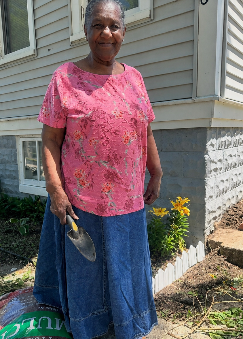 Older woman standing in a garden beside a house, wearing a pink floral top and blue denim skirt, holding a trowel.