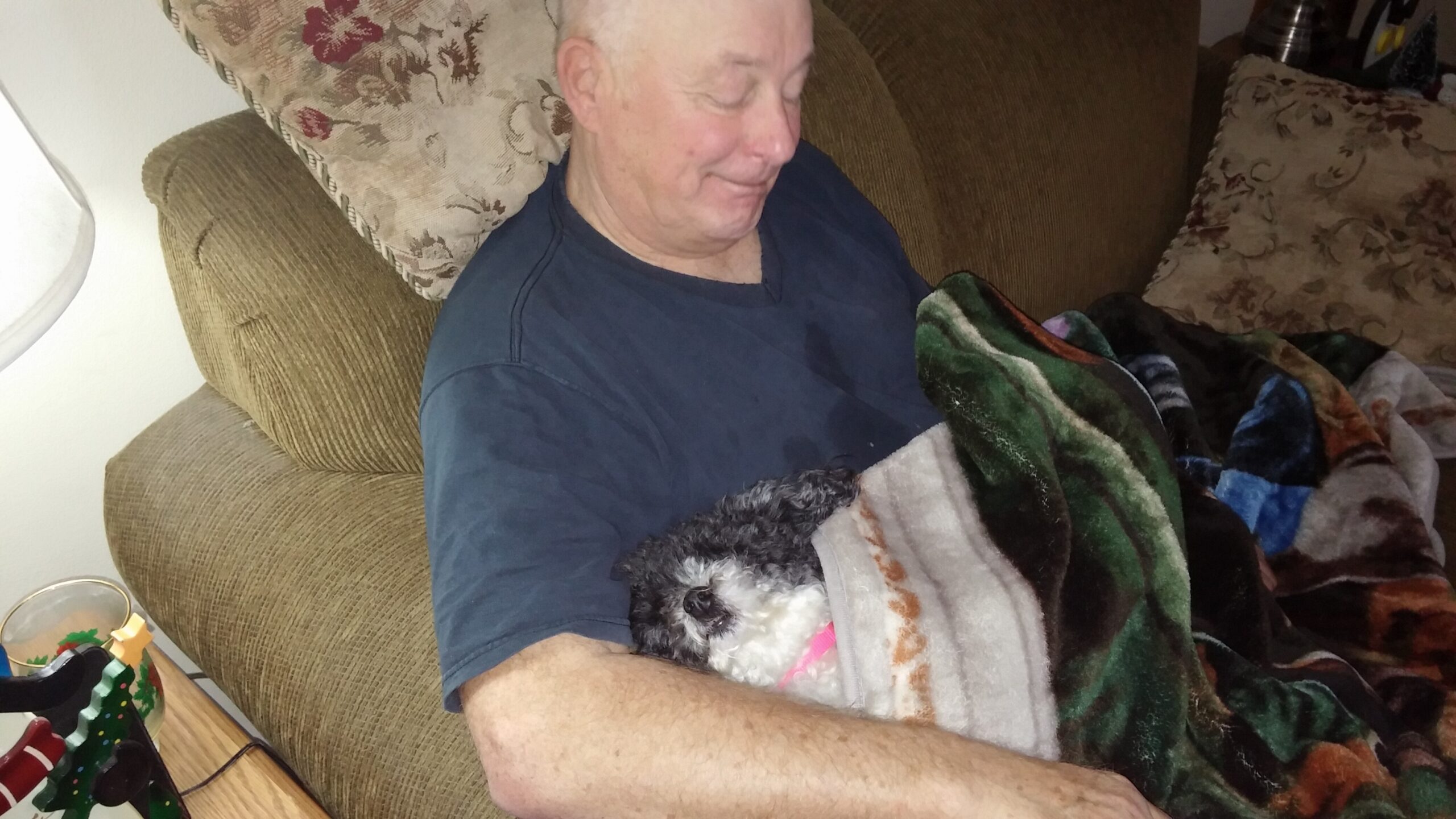 Older man sleeping on a brown couch, covered by a colorful blanket, with a small dog peeking from under the blanket beside him