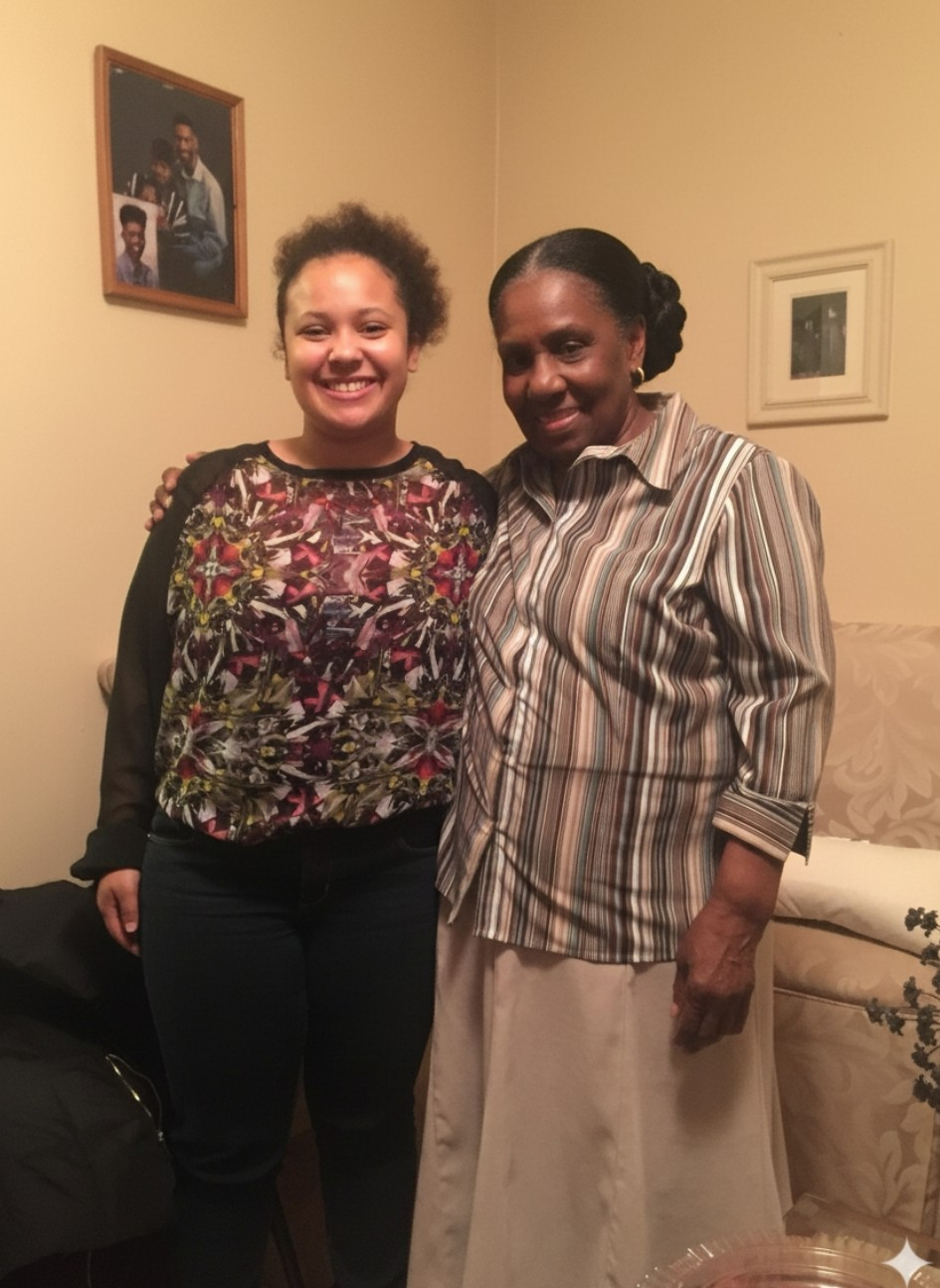 Two women stand side by side in a living room, smiling at the camera; one wears a colorful floral top, the other a striped blouse and light skirt.