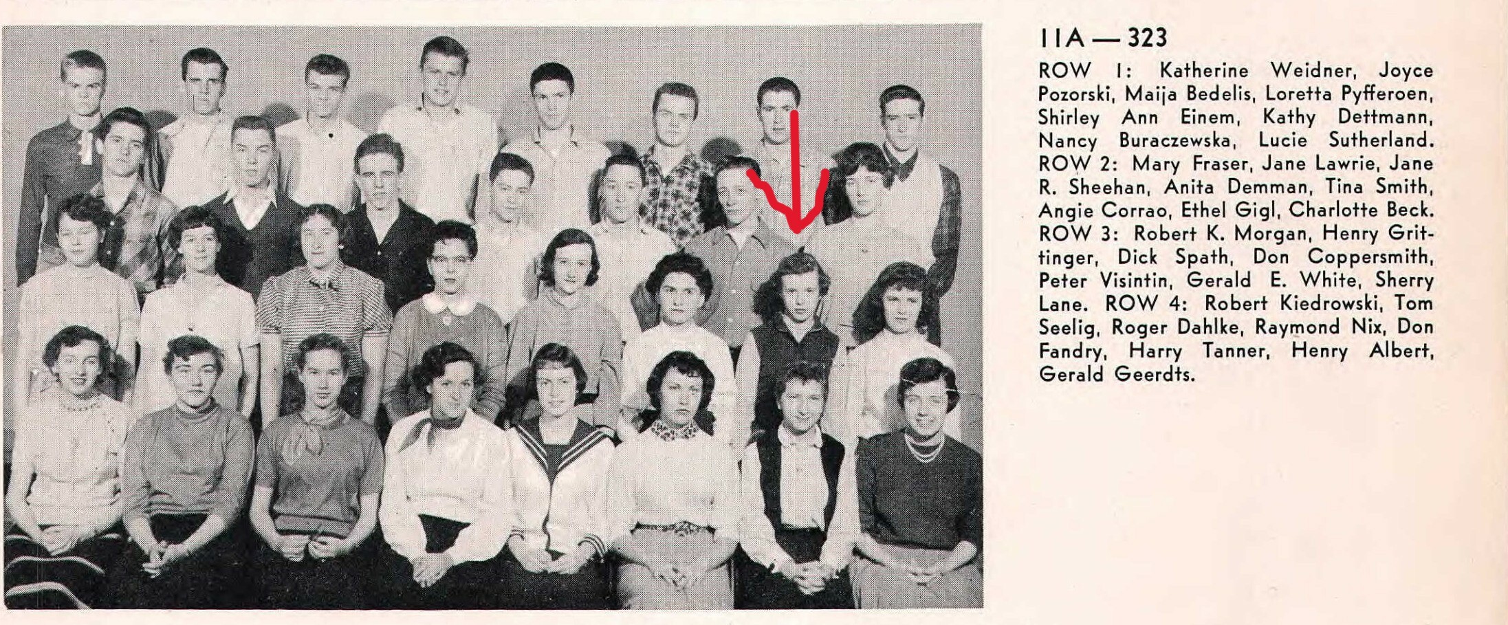 Black-and-white class photo with four rows of students; a red arrow points to the student in row 2, with a roster of names to the right.