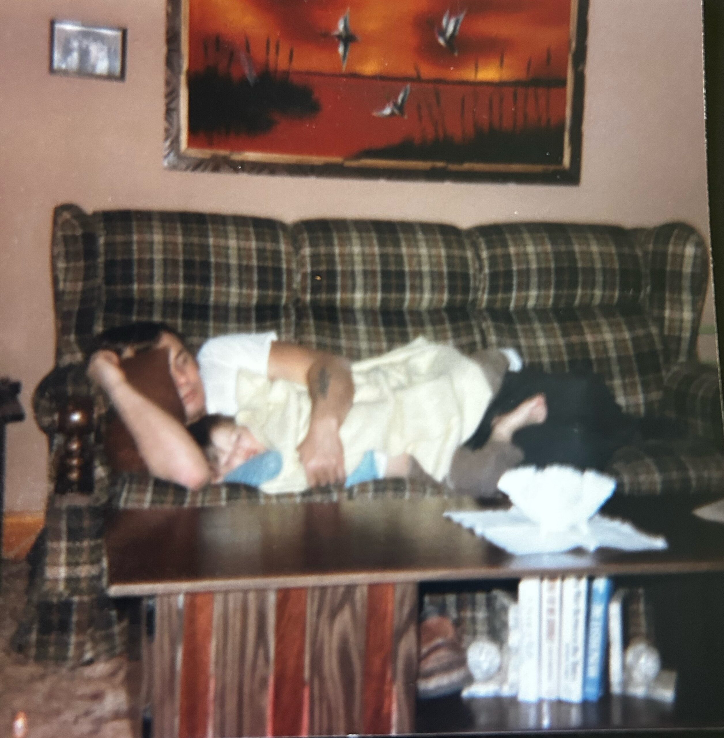 Person lounging on a plaid sofa in a living room with a framed artwork on the wall and a bookshelf in the background