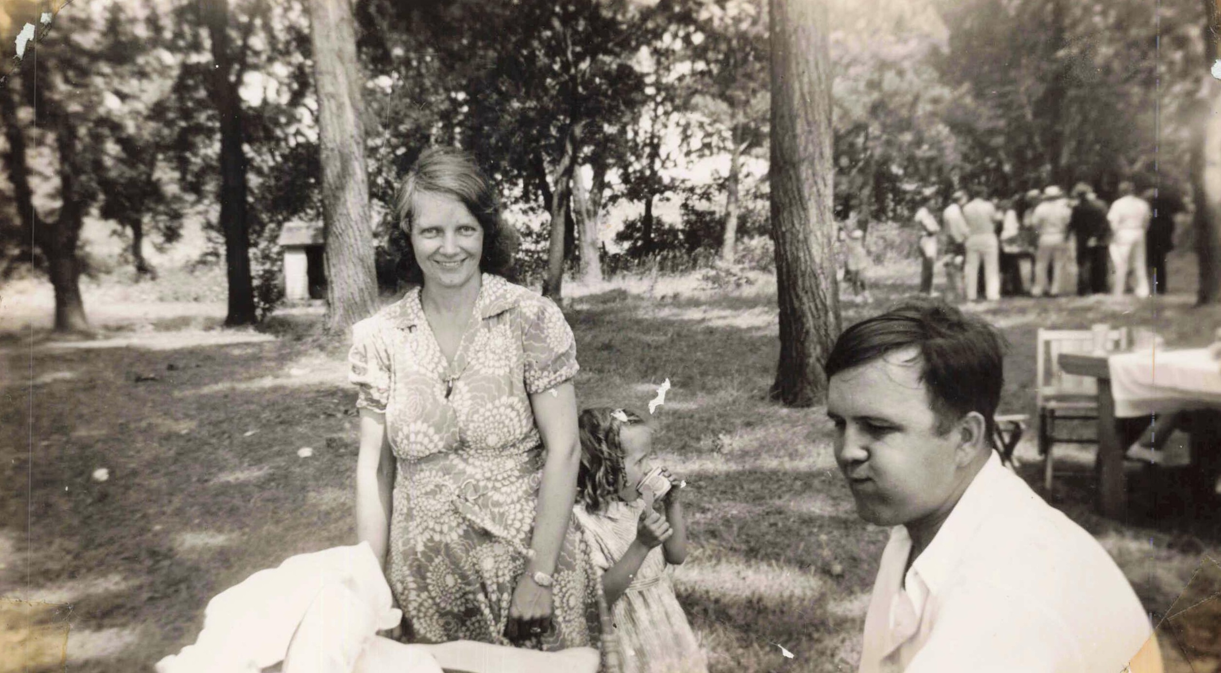 Smiling woman in a patterned dress stands at an outdoor picnic in a park, with trees and people in the background.