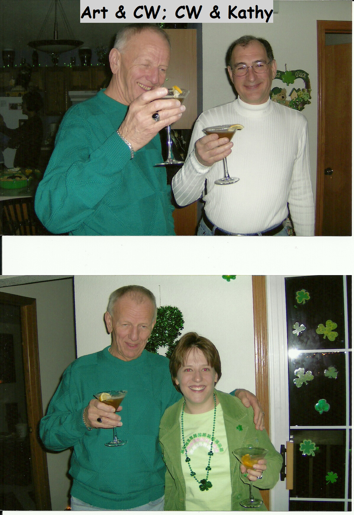 Collage of two photos from a St. Patrick's Day party: people toasting with cocktails, wearing green, with shamrock decorations in the background.