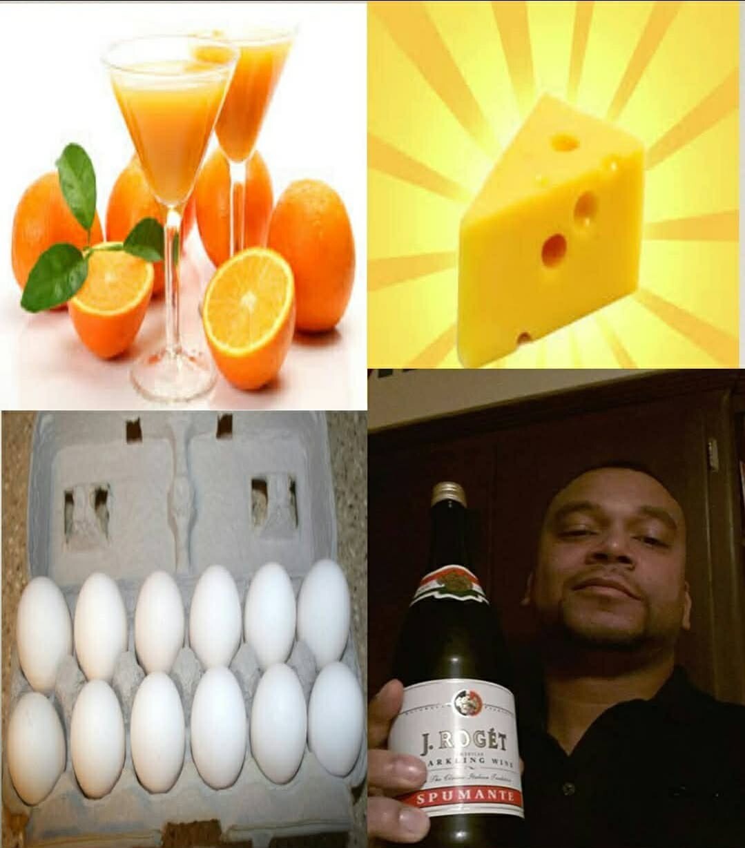 A four-panel collage: orange juice with oranges, a block of yellow cheese, a carton of white eggs, and a man holding a bottle of sparkling wine.