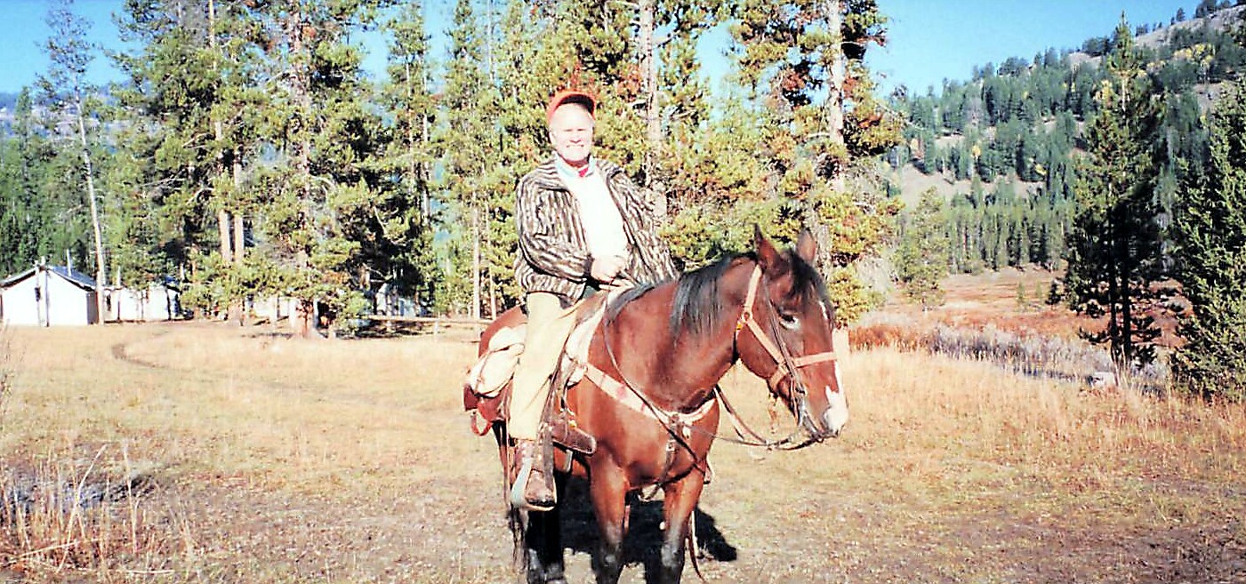 Man wearing a striped jacket riding a brown horse in a grassy field with trees and distant tents/structures in the background.