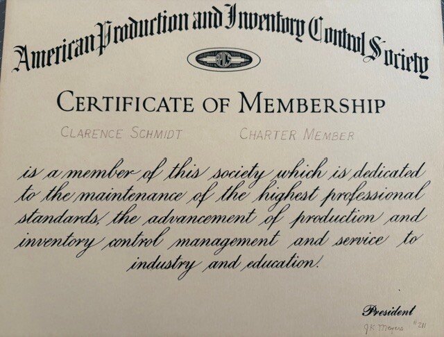 Certificate of Membership from American Production and Inventory Control Society, with handwritten names and a president’s signature.