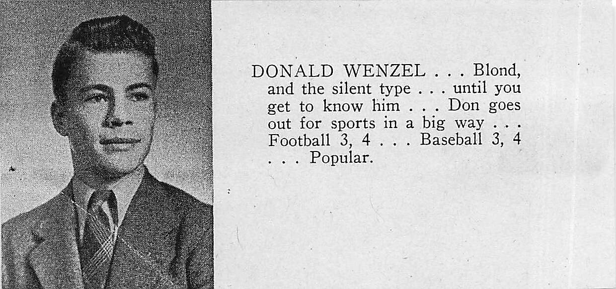 Portrait of a young man in a suit next to a text block about Donald Wenzel—blond, quiet at first, then popular, active in football and baseball.