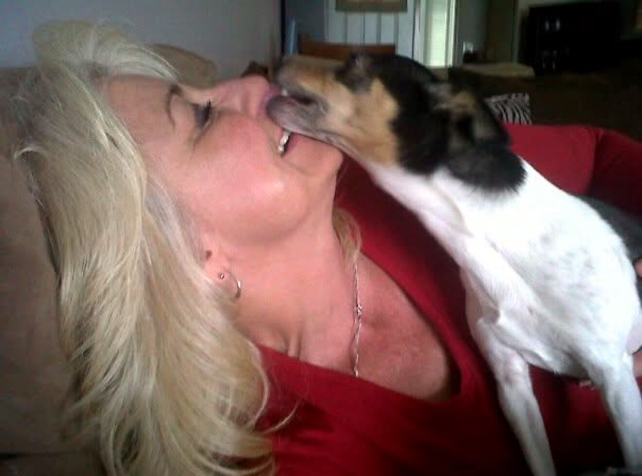 Woman with blonde hair smiling as a small black-and-white dog licks her cheek.