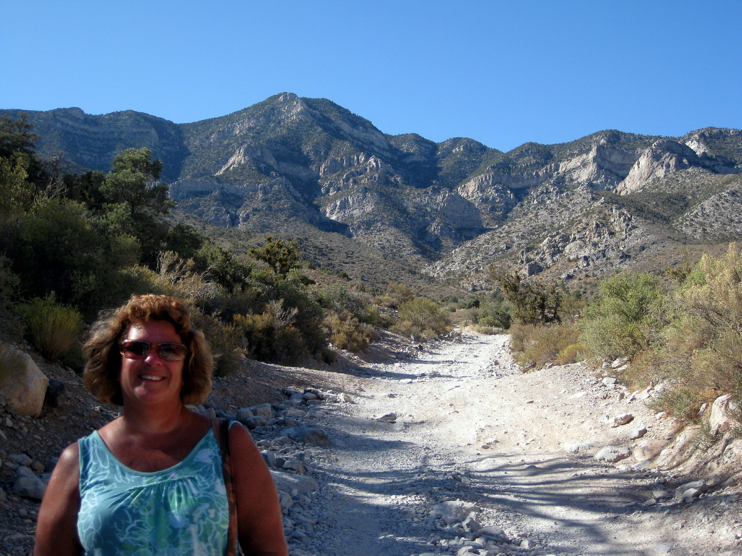 Smiling woman in a turquoise top on a rocky dirt trail with rugged mountains and a blue sky behind her.