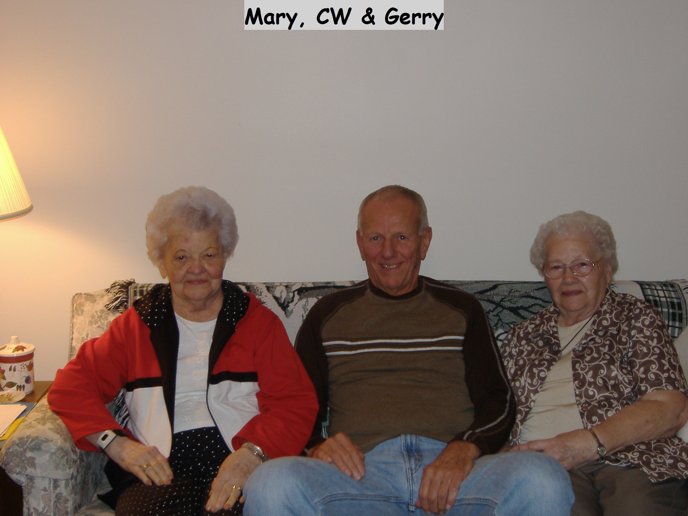 Three elderly adults sit on a patterned sofa in a living room with a lamp on the left.