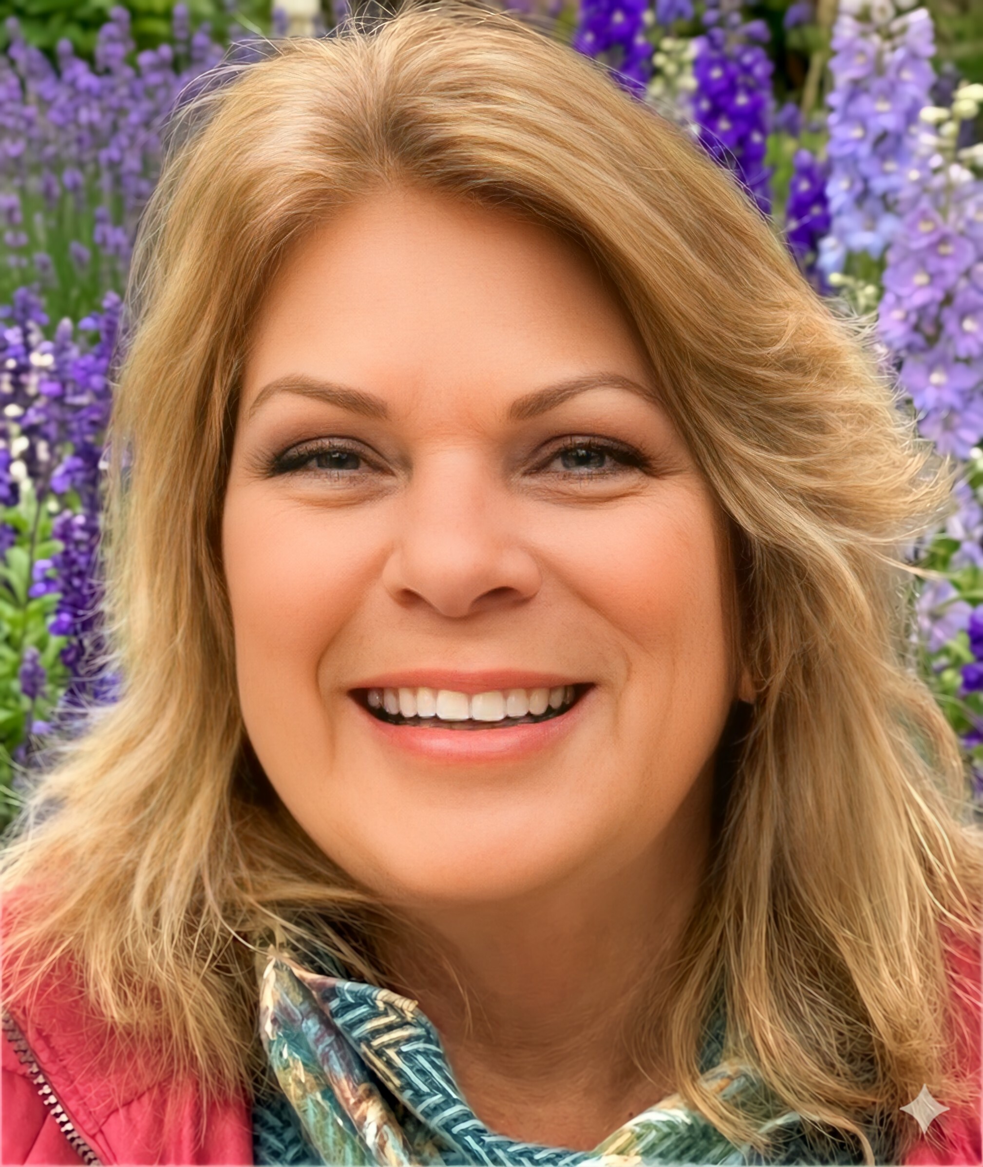 Close-up of a smiling blonde woman with purple flowers in the background outdoors.