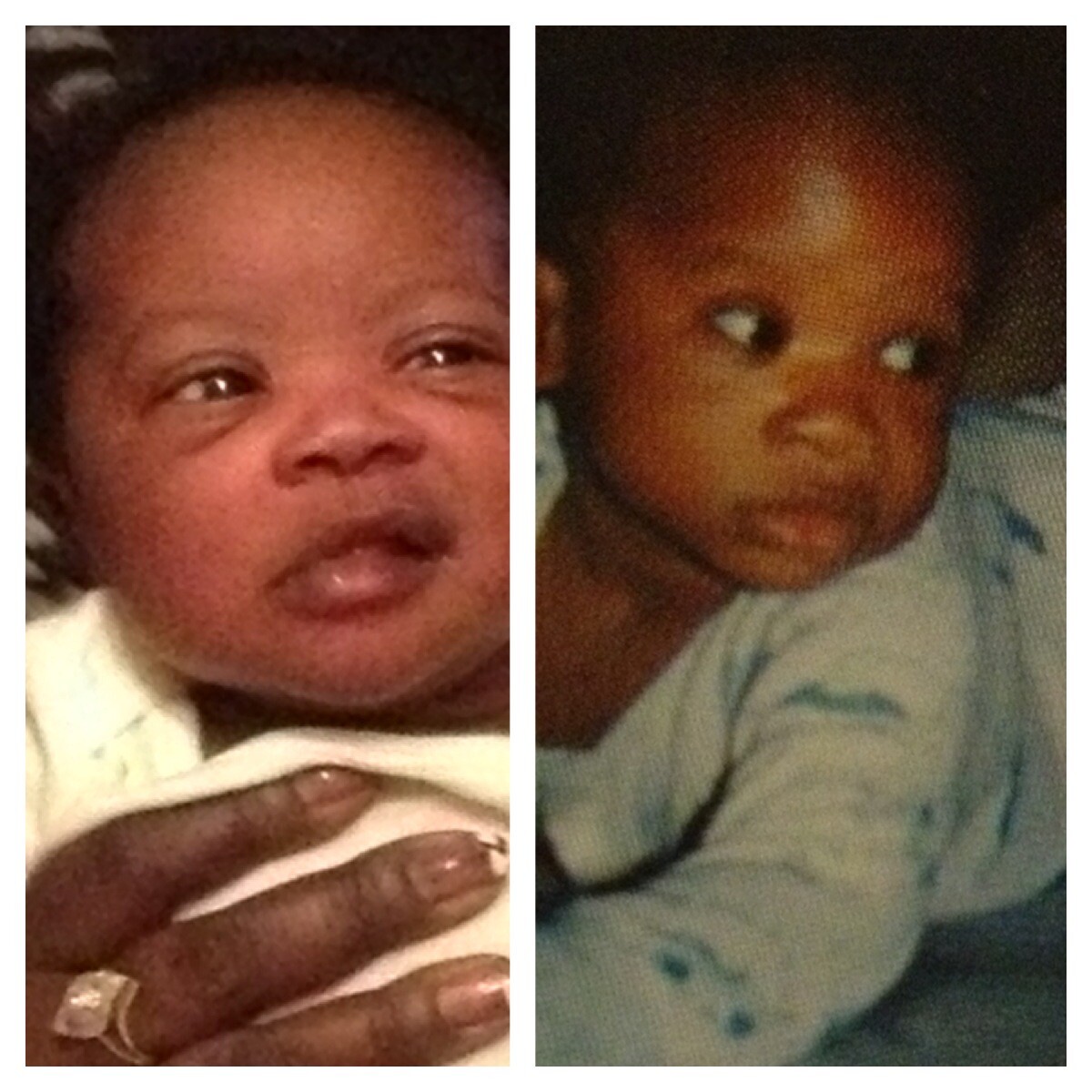Two-panel image of a baby: left panel shows a close-up of a smiling infant being held, right panel shows the same baby looking to the side in a light outfit.