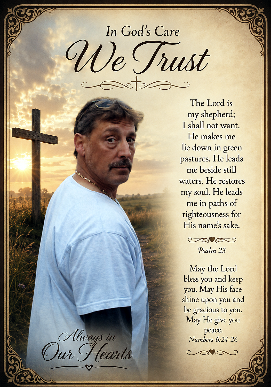 Devotional poster with a man beside a wooden cross at sunset, ornate border and scripture about trusting in God (Psalm 23, Numbers 6:24-26).