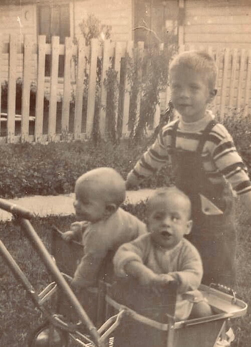Three young children outdoors; two babies sit in a small wagon, an older boy stands behind them in a striped sweater.