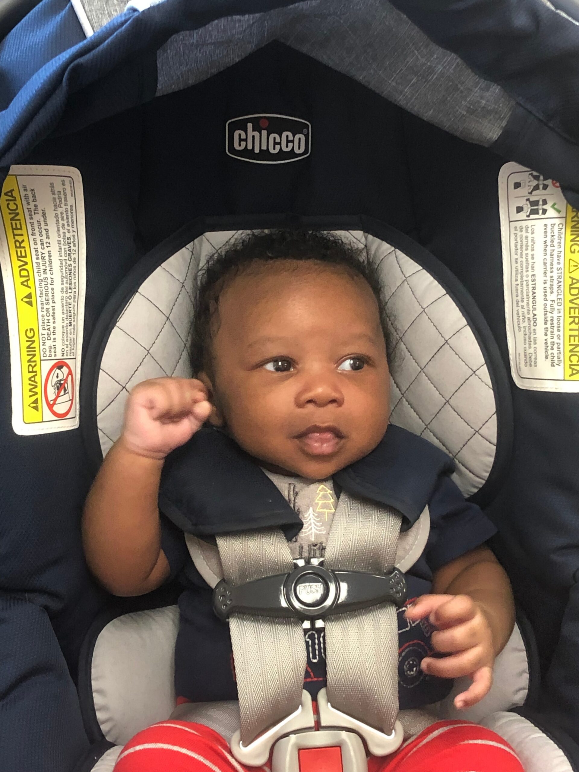 Infant in a Chicco car seat with harness buckled, looking to the side.