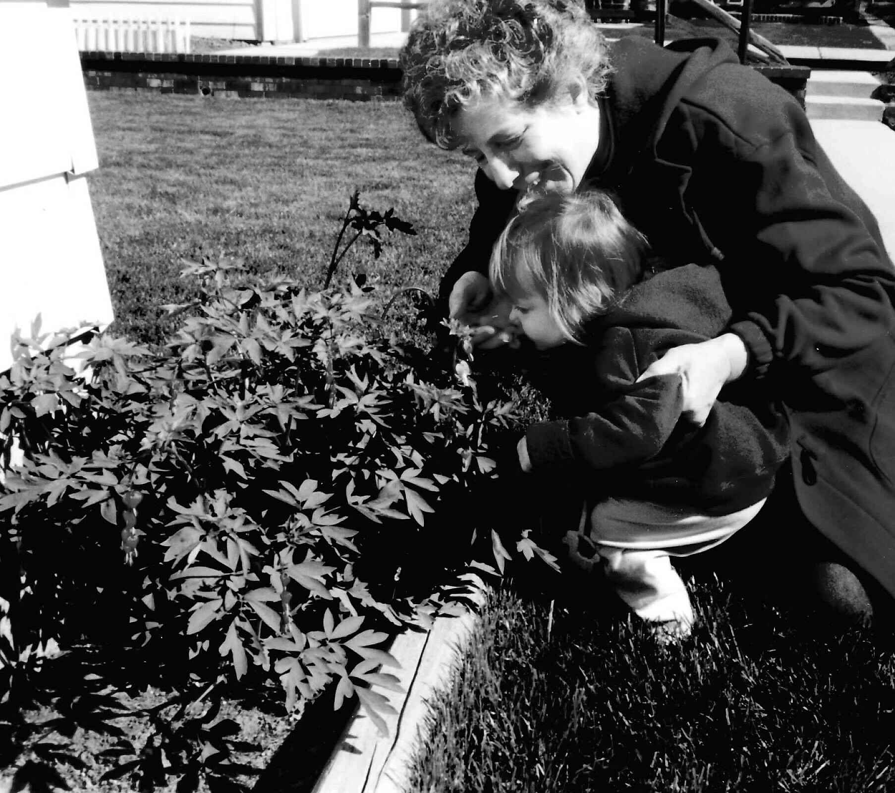 Adult crouching beside a child as they examine a leafy hedge in a front yard.