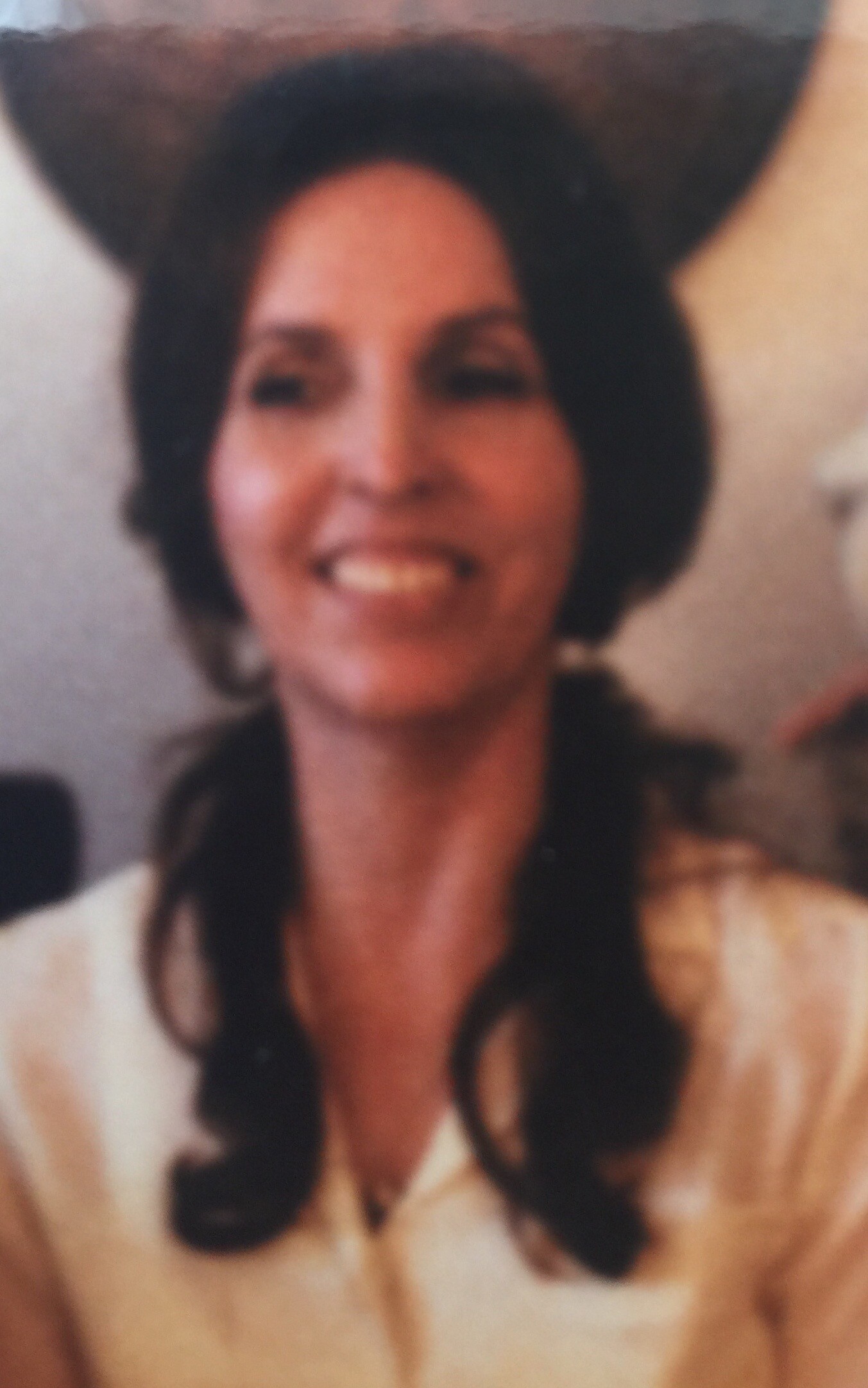Blurry photo of a smiling woman with dark hair, wearing a light-colored blouse.
