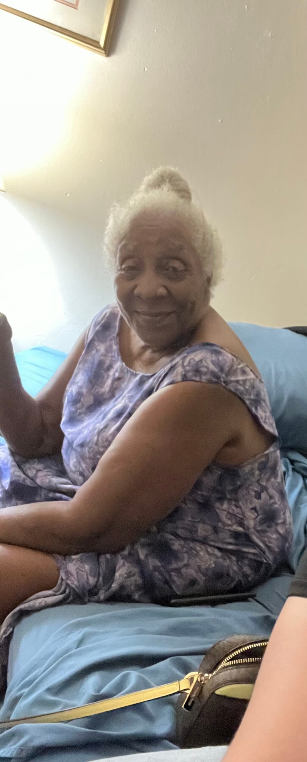 Smiling elderly woman with gray hair seated on a blue sofa in a purple patterned dress in a living room.