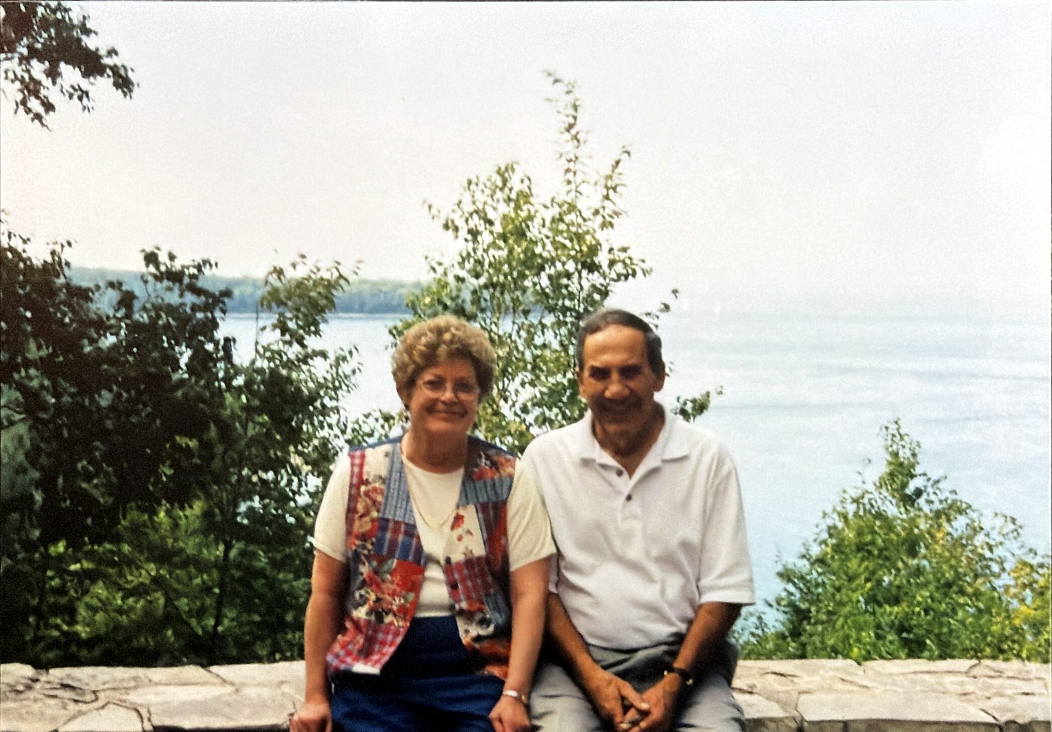 Smiling couple sitting on a stone wall with trees and a lake in the background.