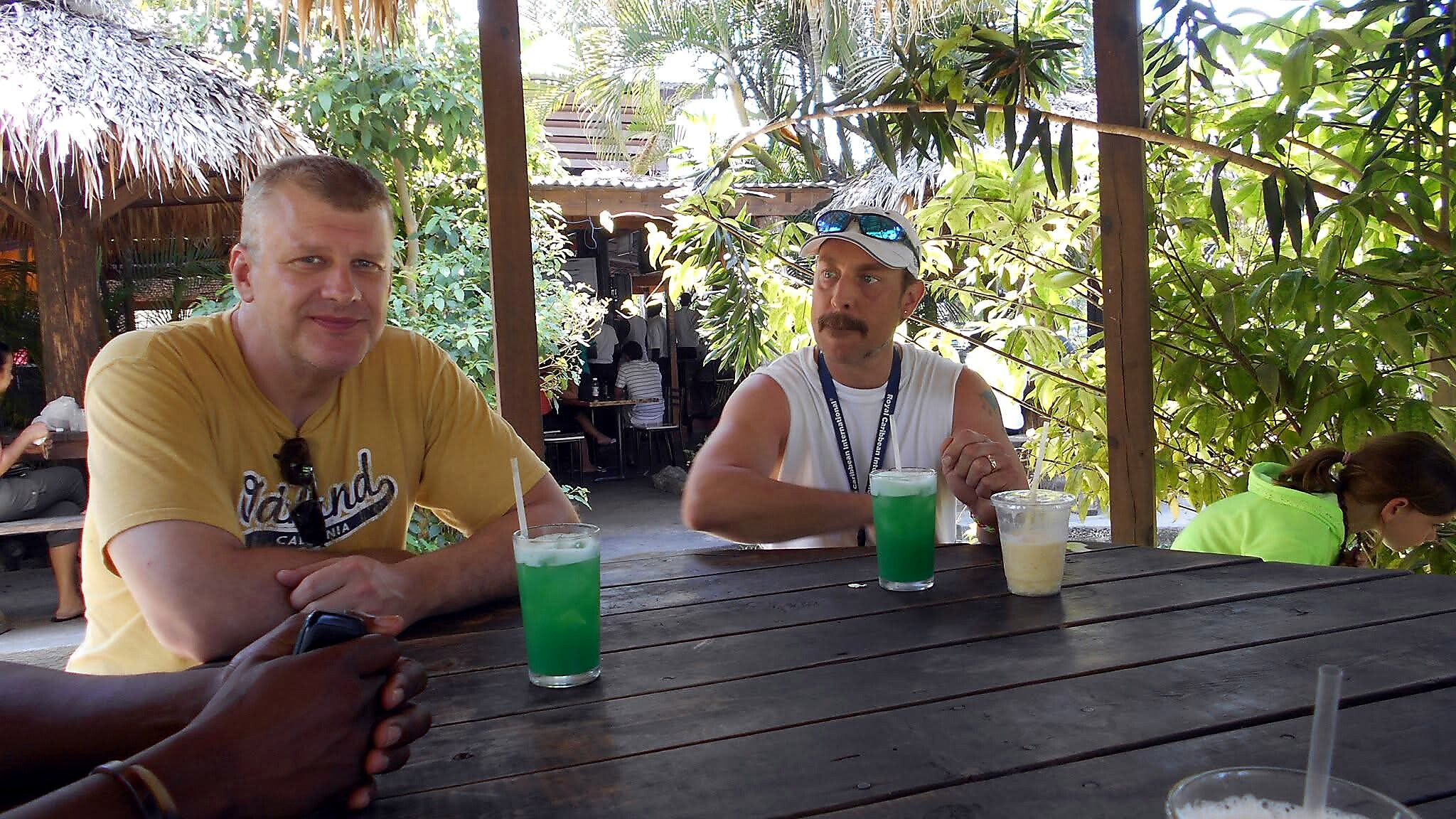 Two men sit at a wooden outdoor table with tropical plants; bright green drinks with straws in front.