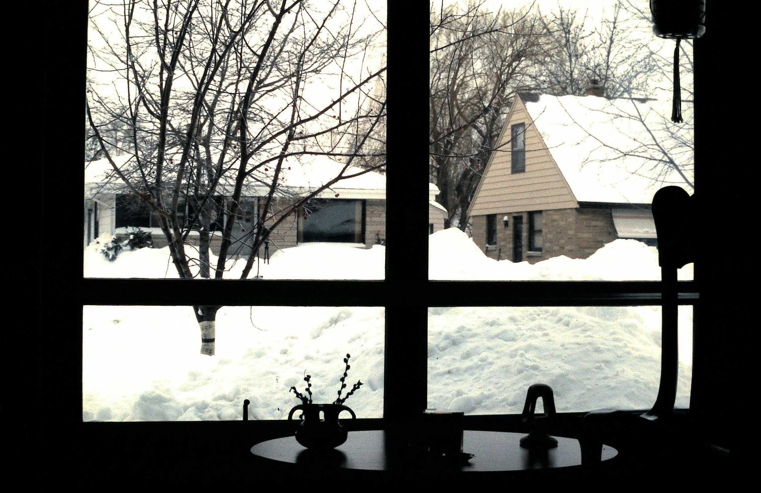 Snowy suburban scene seen through a divided window with leafless trees and a triangular-roof house outside.