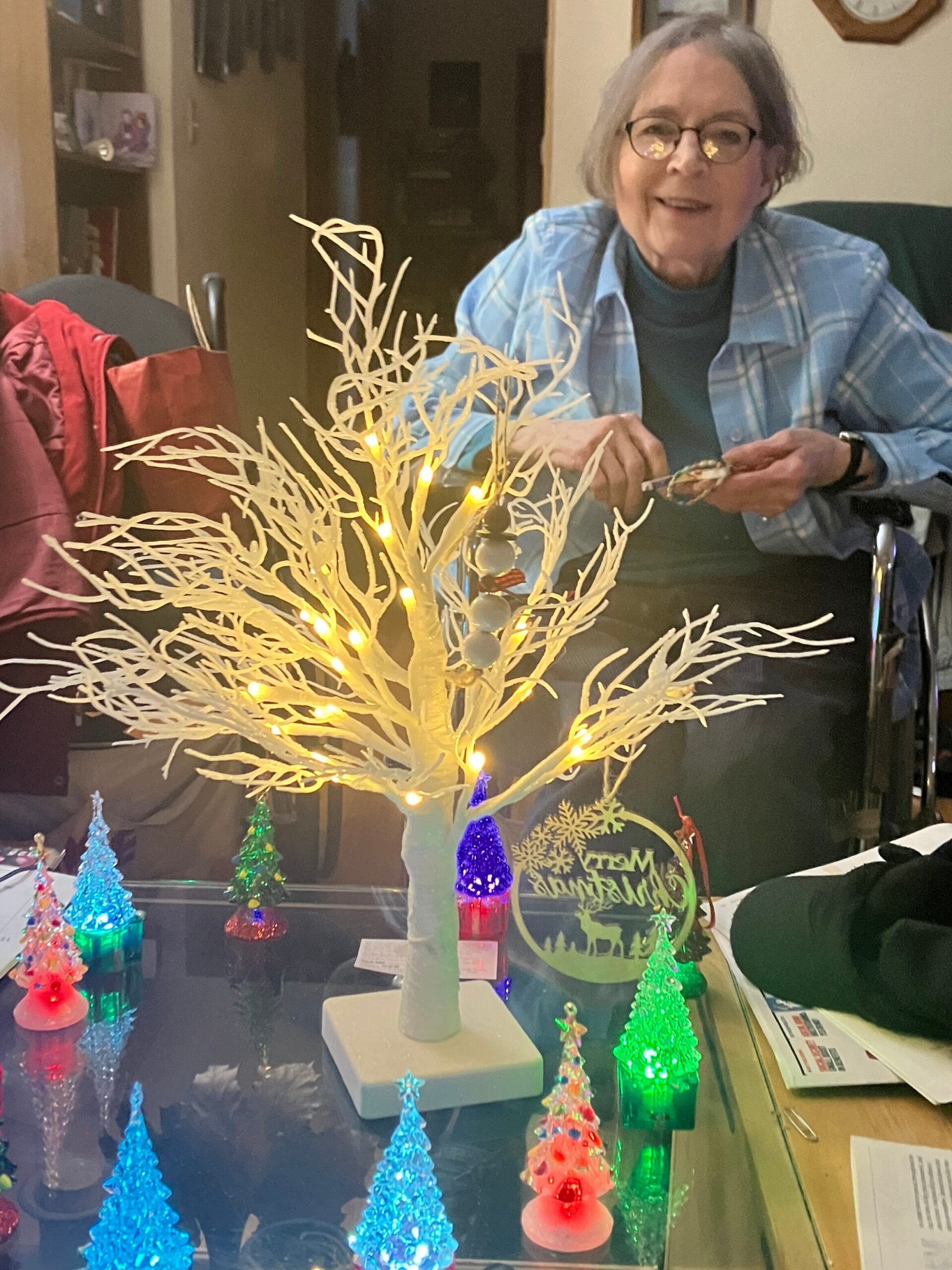 Smiling elderly woman in a blue plaid shirt sits behind a display of lit holiday decorations, including a white illuminated tree centerpiece and tiny colorful Christmas trees.