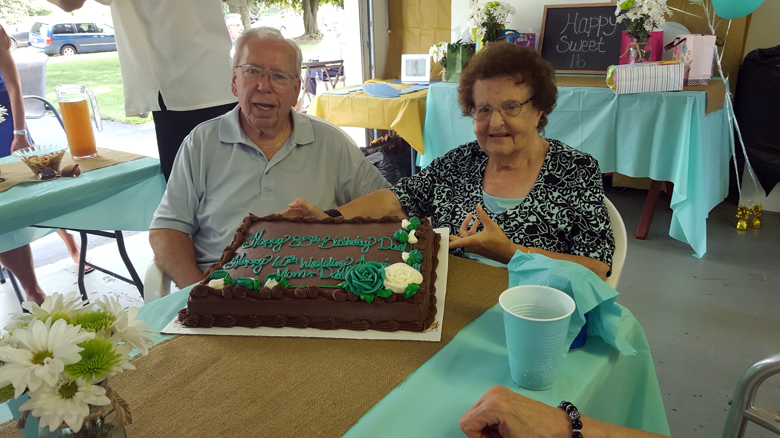 Elderly couple seated at a birthday party with a chocolate cake decorated in teal roses in front of them on a turquoise table.